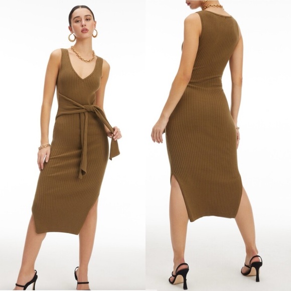 NWT Good American Rib Knit Tie Waist Midi Dress Sage Green Sz 2 - Picture 3 of 7